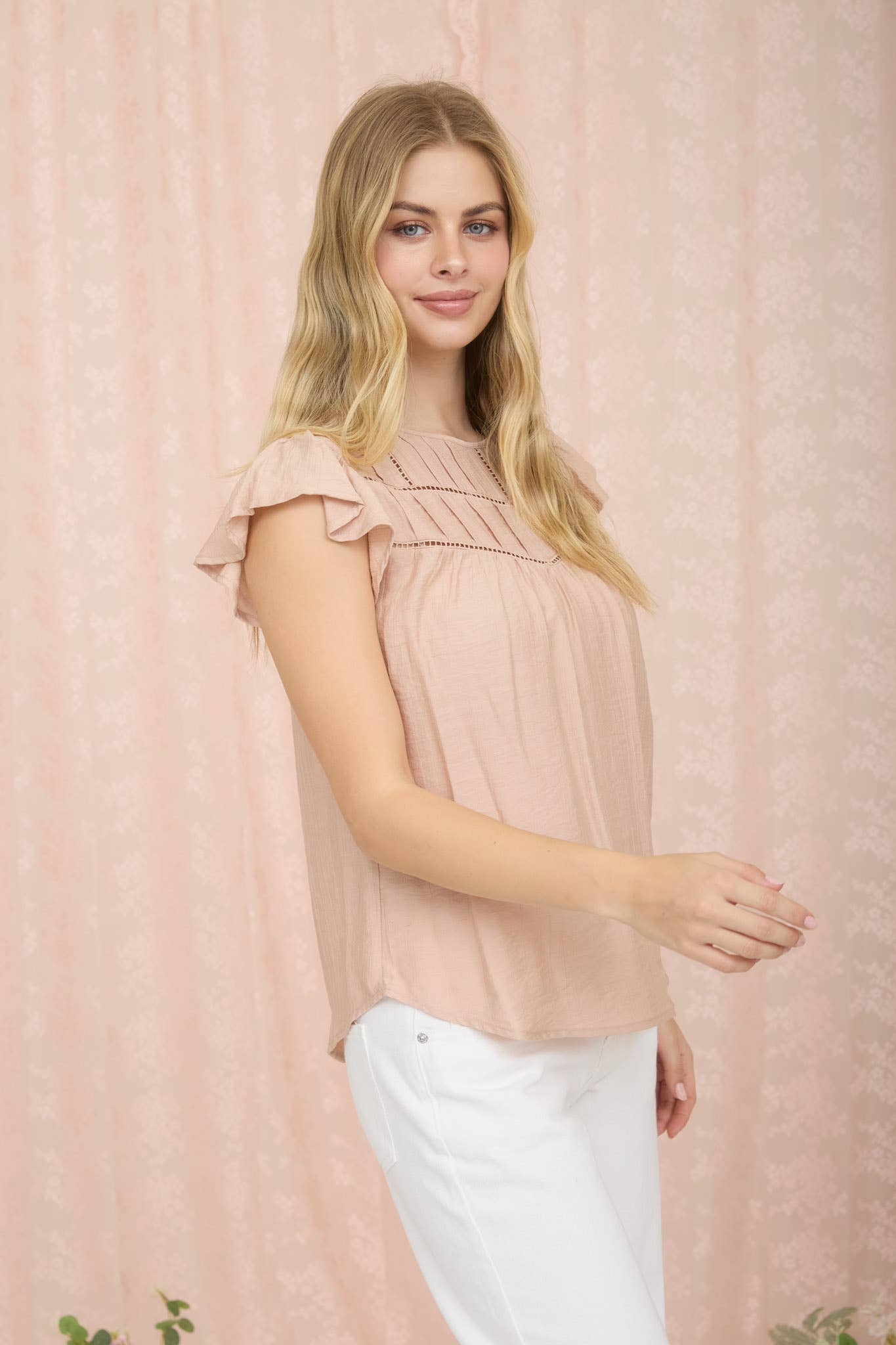 Blush Front Lace Detail Flounce Top