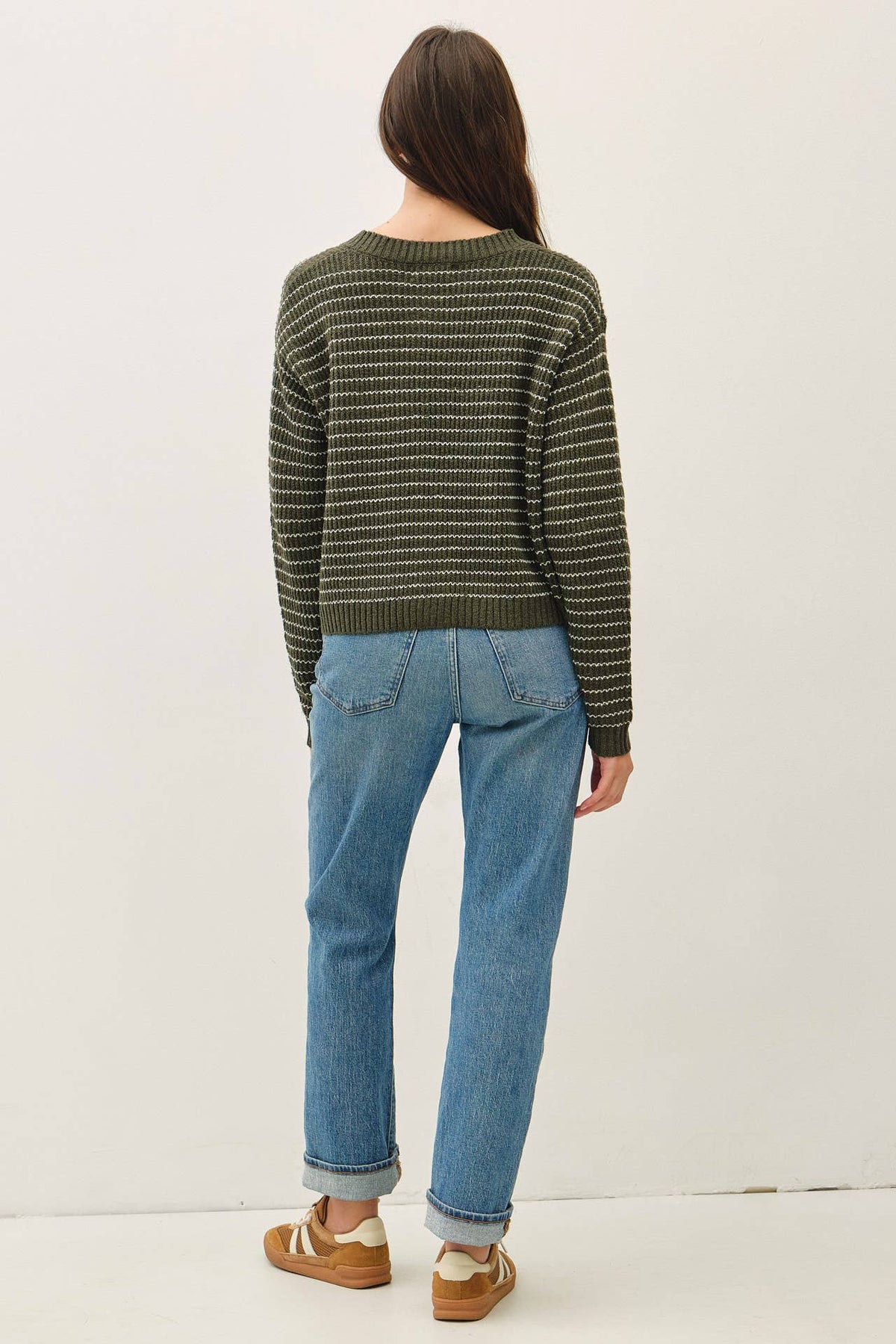 GREEN STRIPED WAFFLE KNIT BOXY CARDIGAN