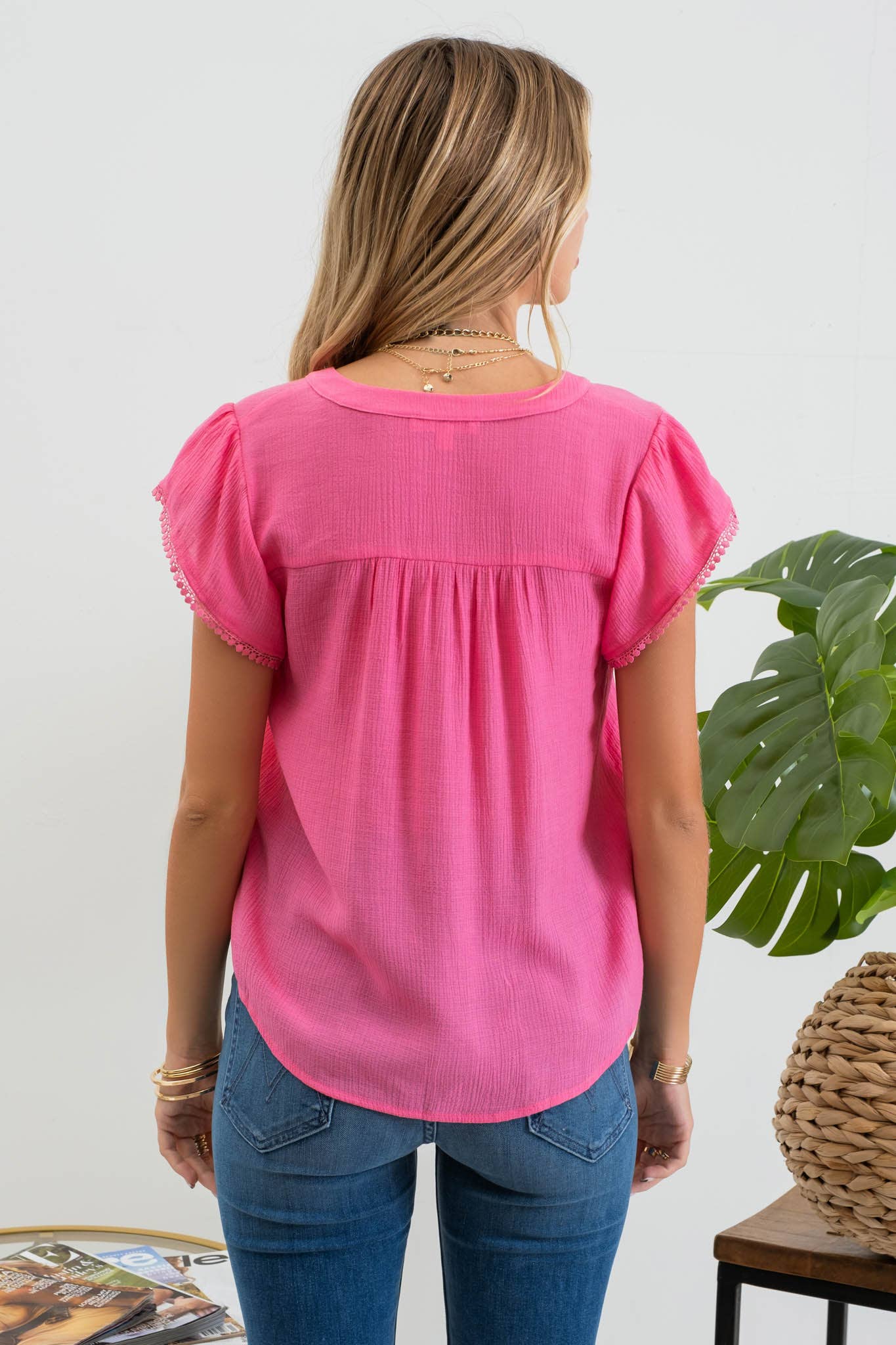 HOT PINK SPLIT NECK PETAL SLEEVE BLOUSE