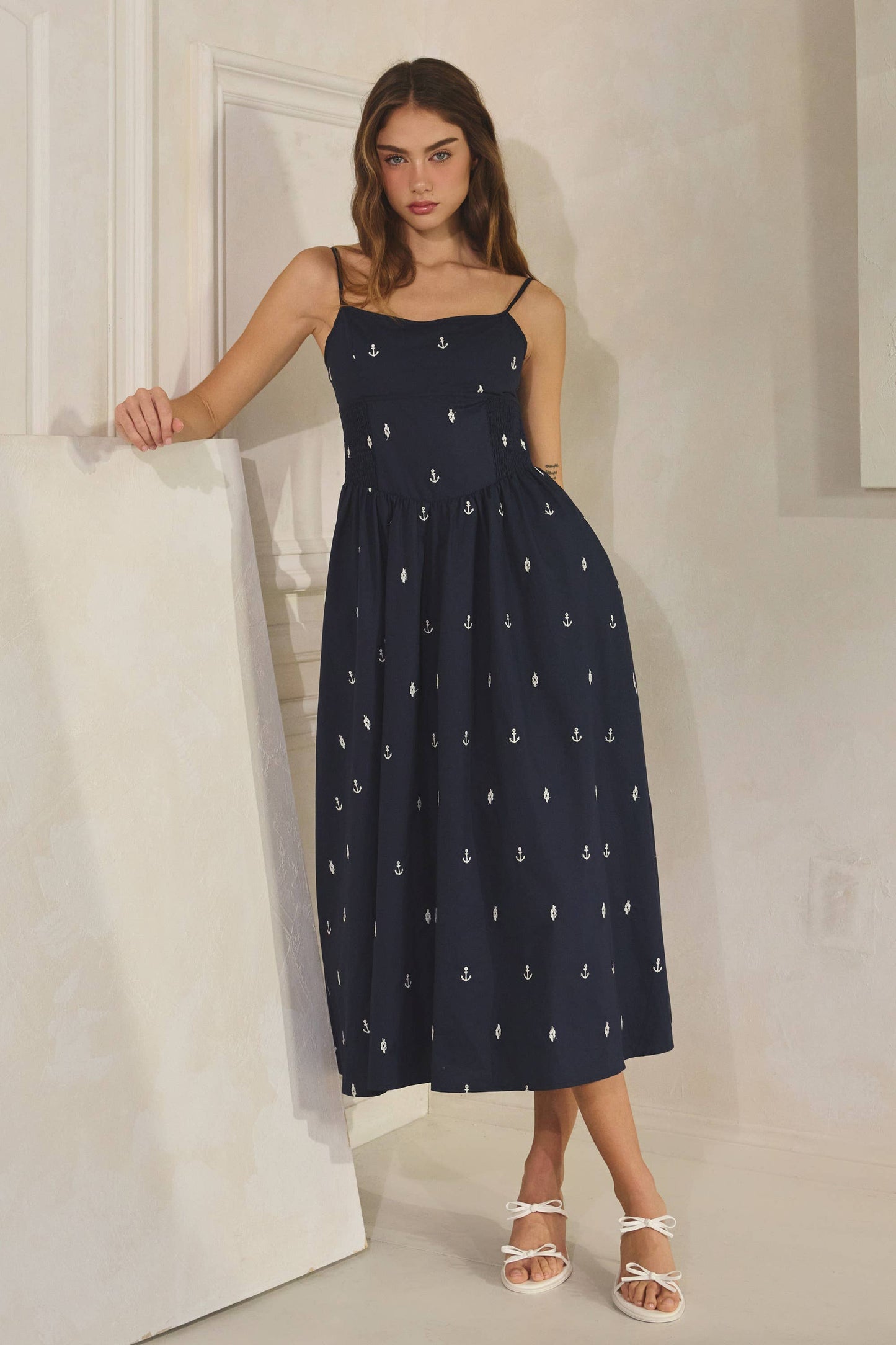 Embroidered Anchor Smocked Maxi Dress