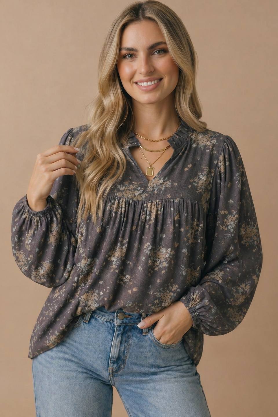 Charcoal Floral Frilled Notch Neck Woven Blouse