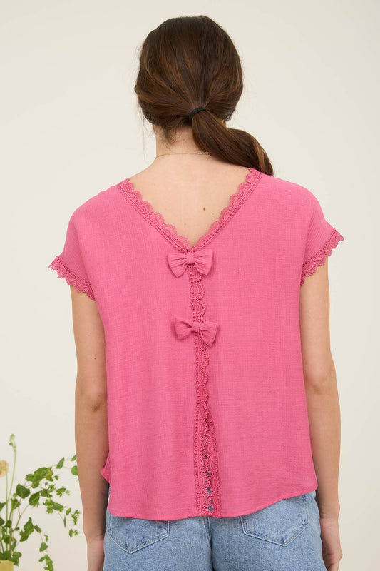 Fuchsia Lace Trim Back Bow Detailed Blouse