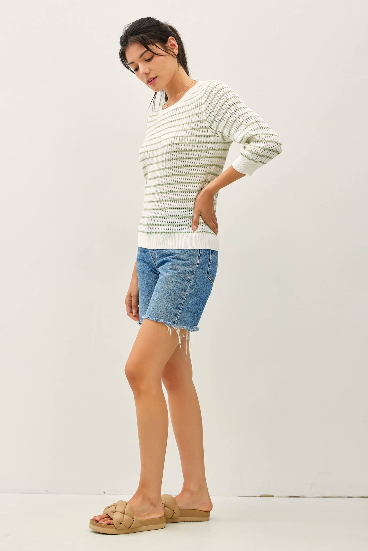 SAGE STRIPED 3/4 SLEEVE SWEATER