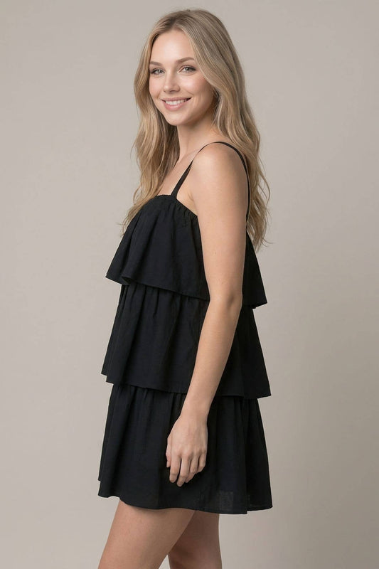 BLACK SQUARE NECK TIERED MINI DRESS