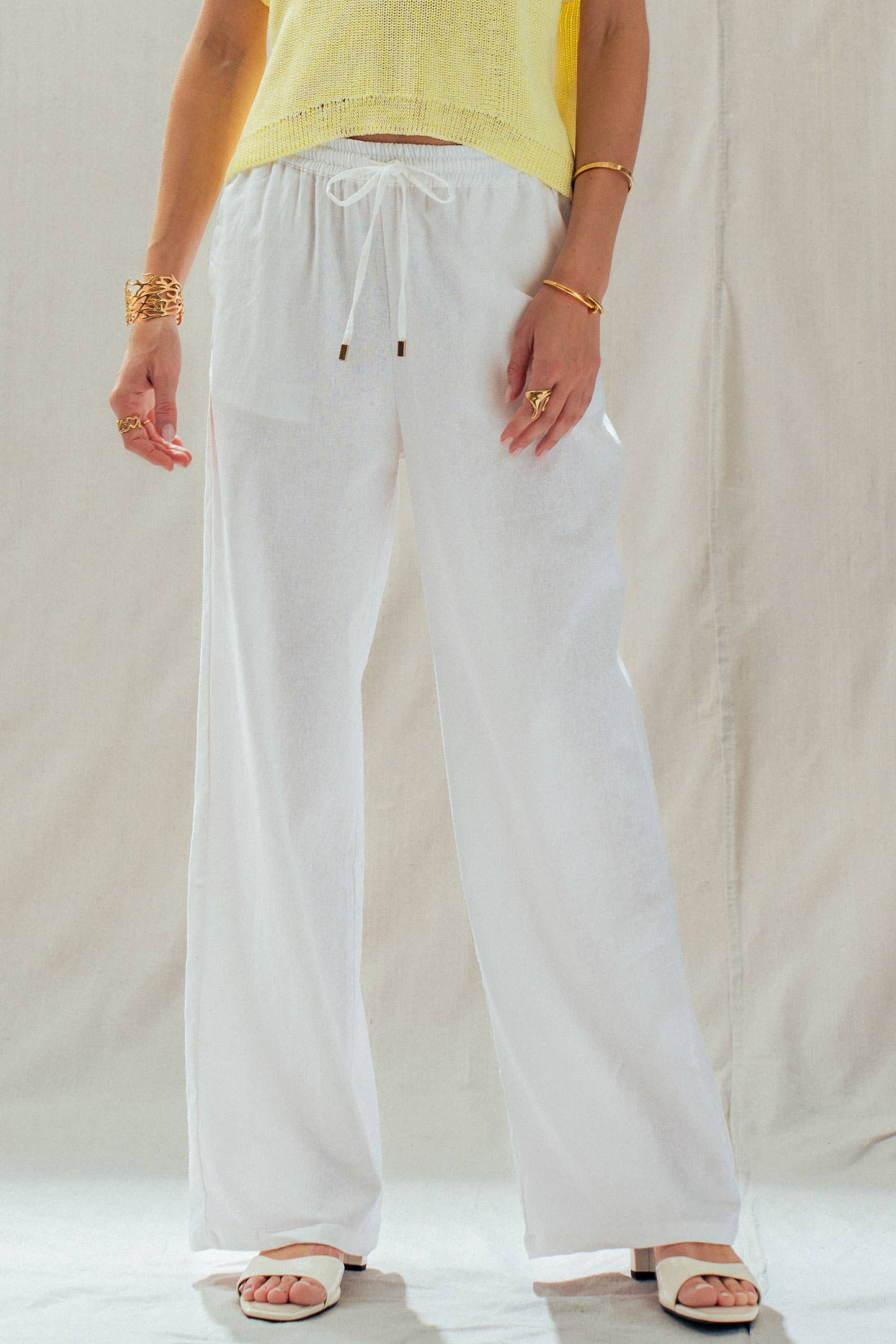 White Linen Blend Wide Leg Drawstring Pants