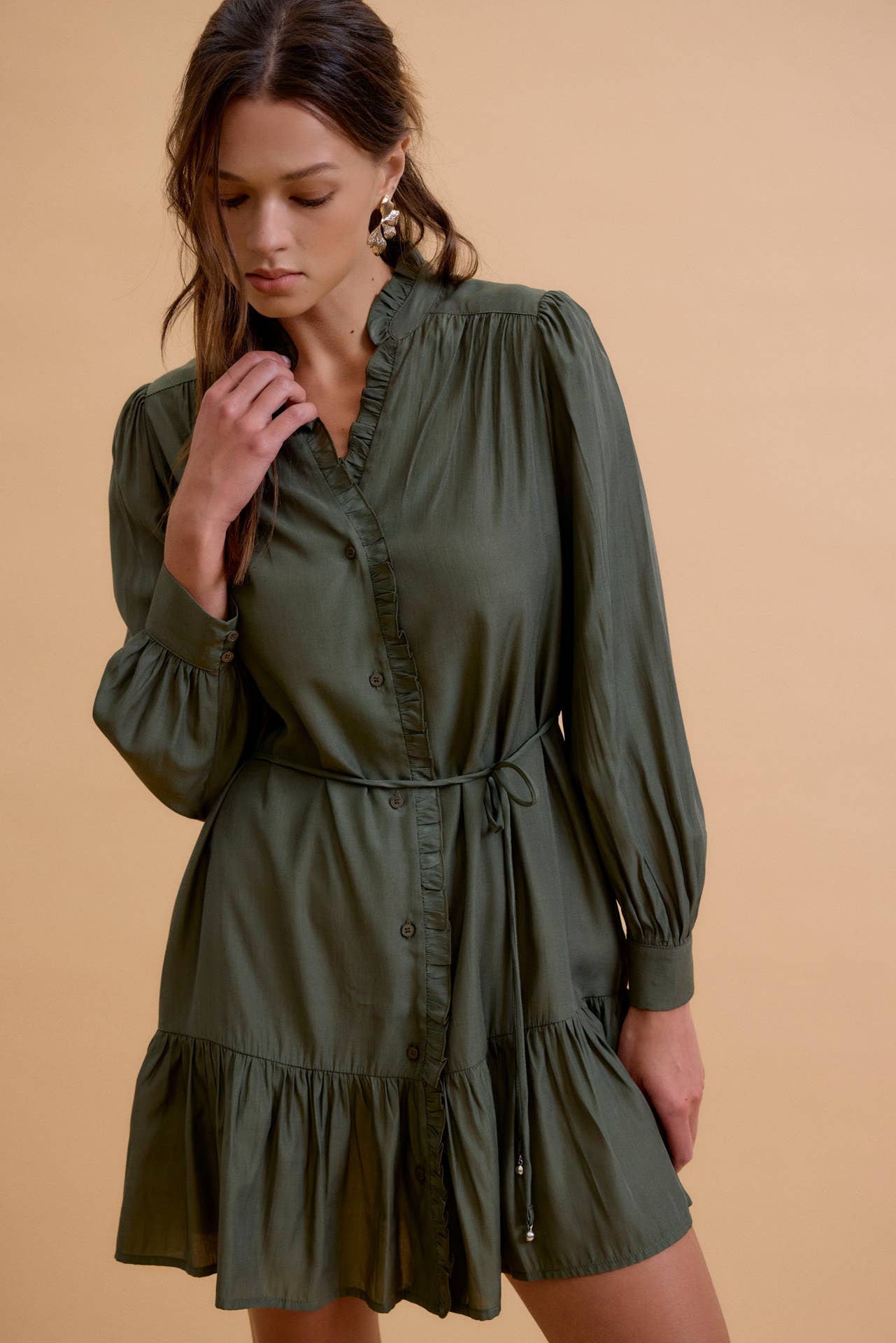 PINE RUFFLED MINI SHIRT DRESS