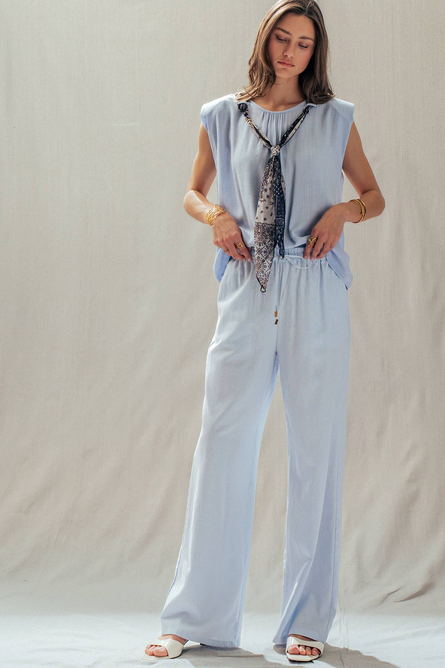 Blue Linen Blend Wide Leg Drawstring Pants