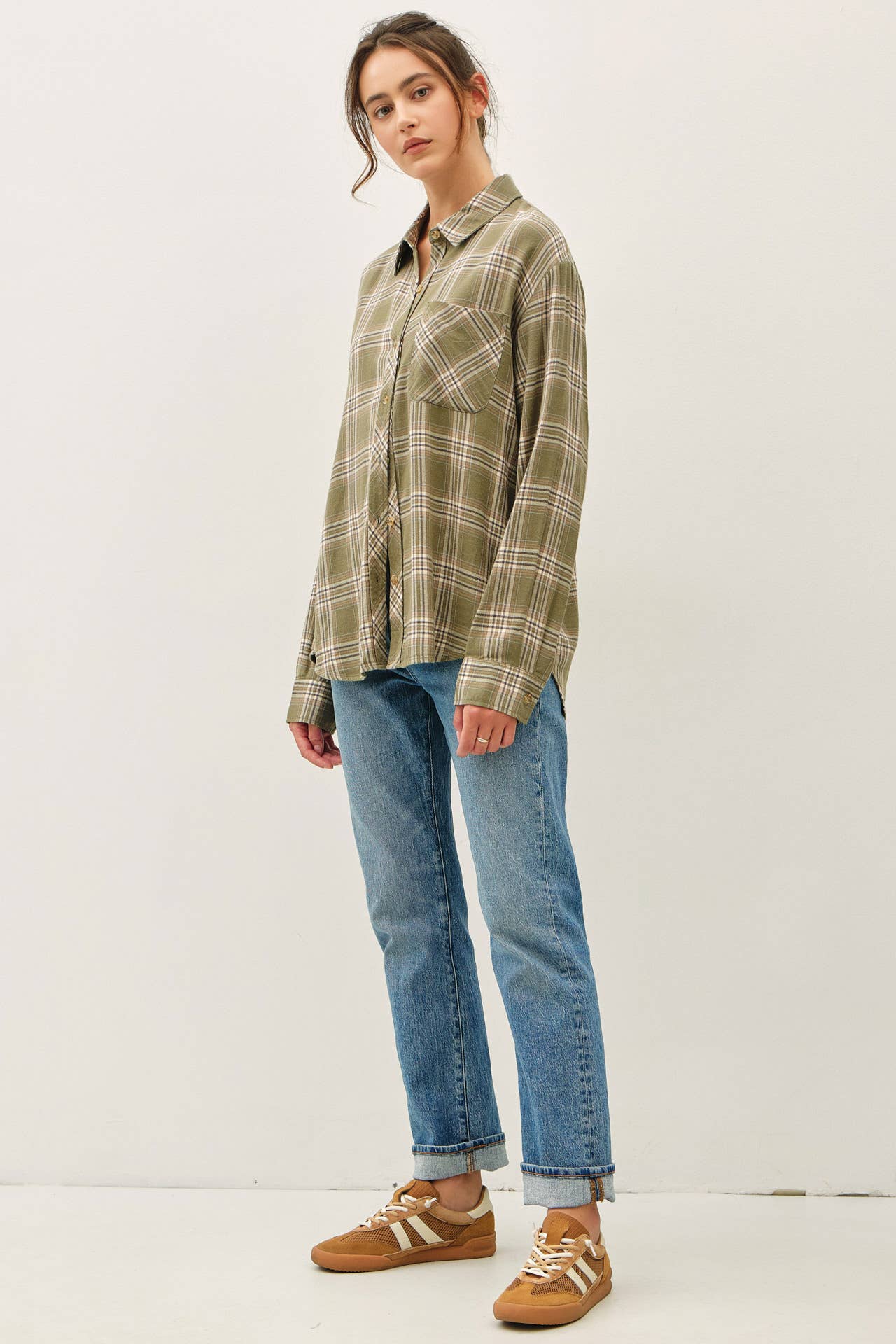 OLIVE PLAID FLANNEL SHIRT