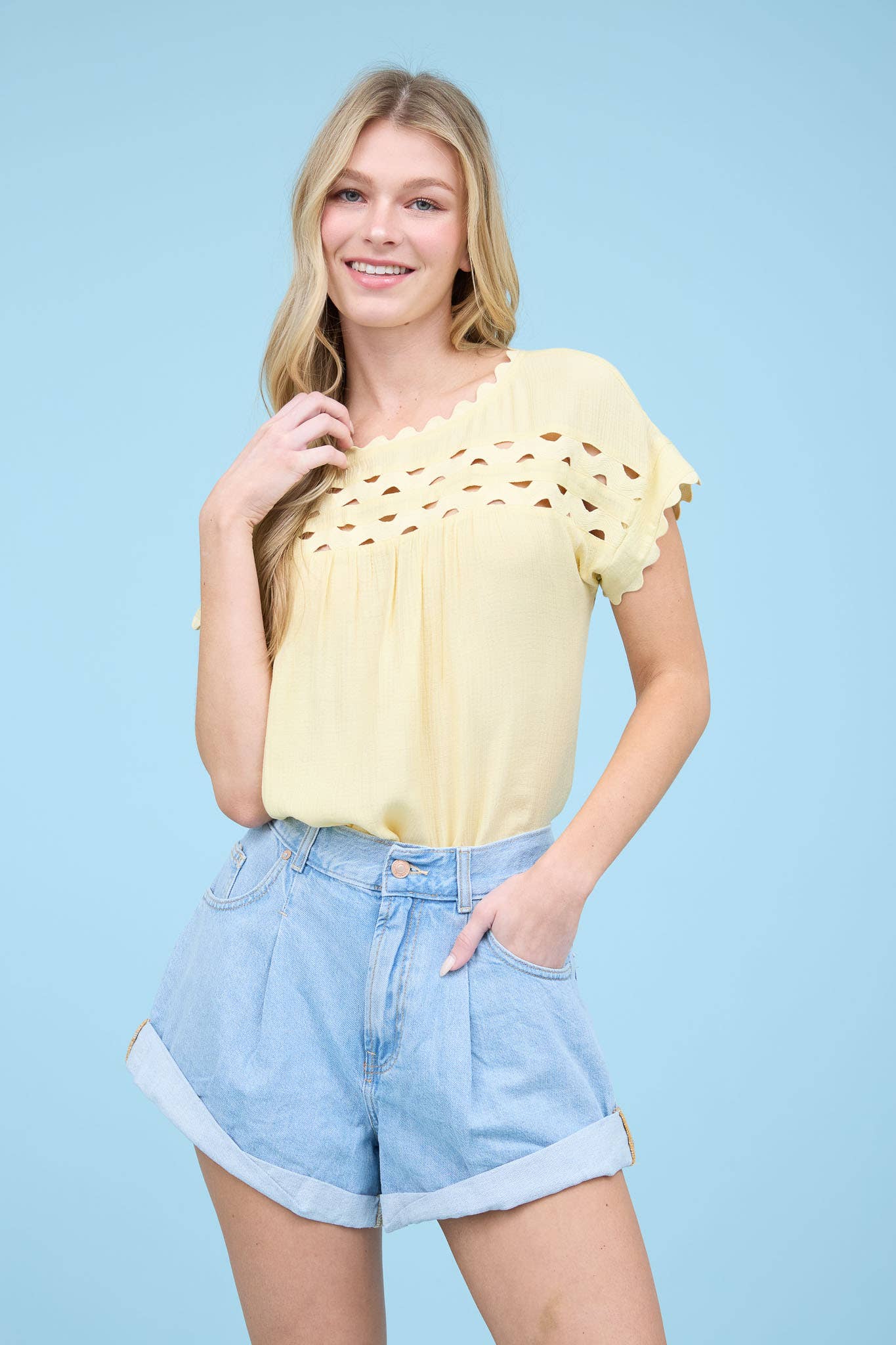 Butter Scallop Trim Cut Out Short Sleeve Blouse