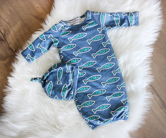 Blue Fish Baby Gown + Hat Set