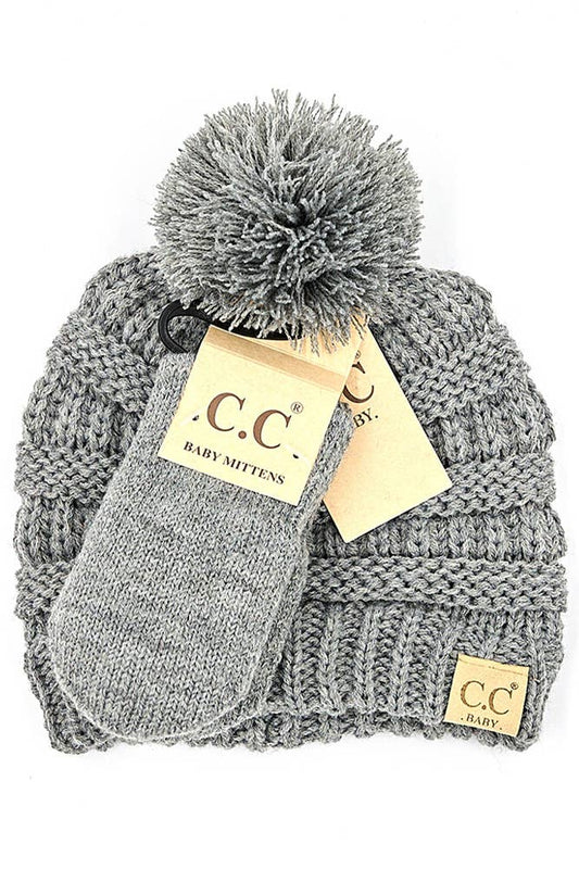 Baby Pom Beanie and Mitten Glove Set