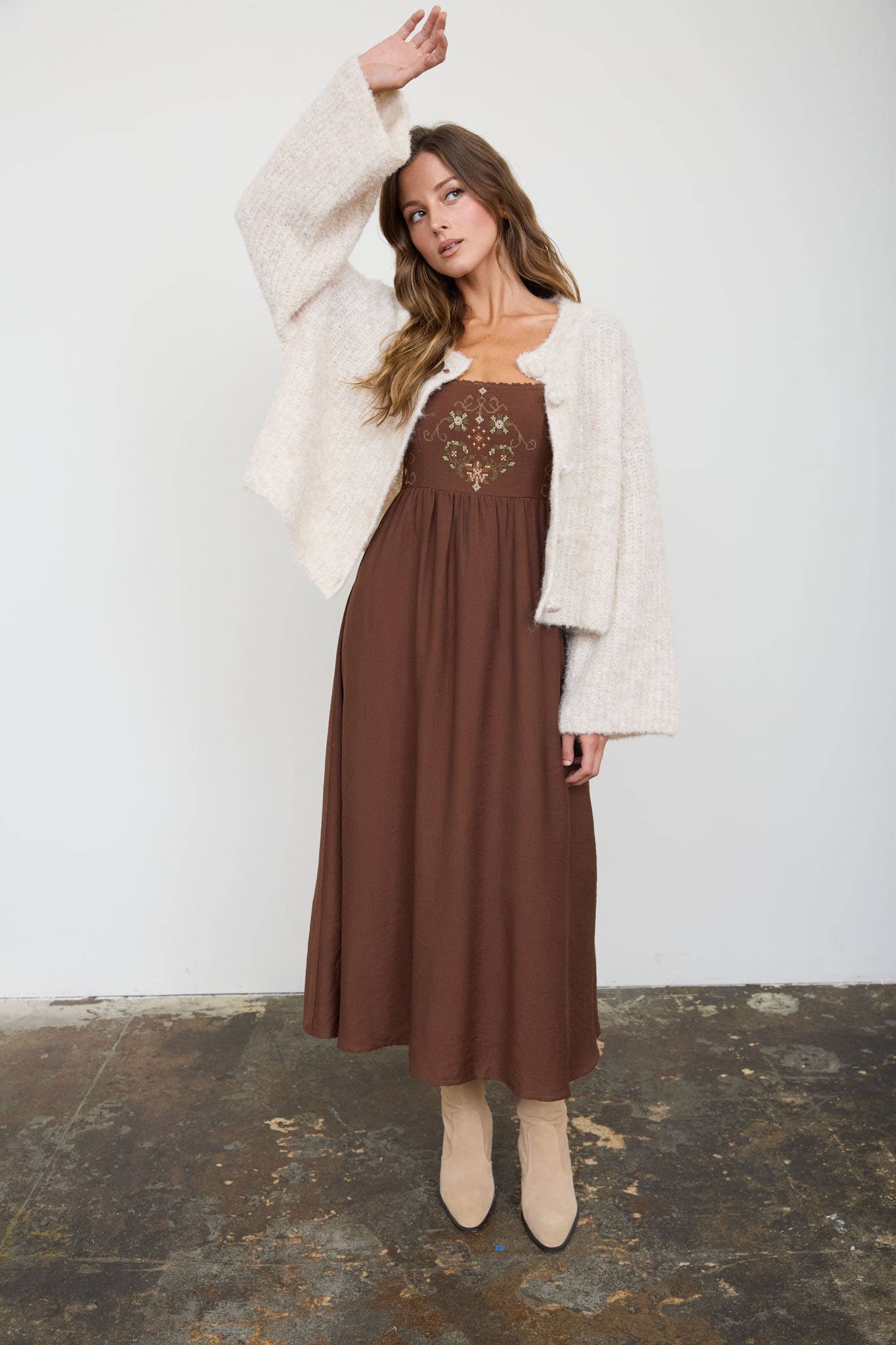 Chocolate Brown Embroidered Bell Sleeve Midi Dress