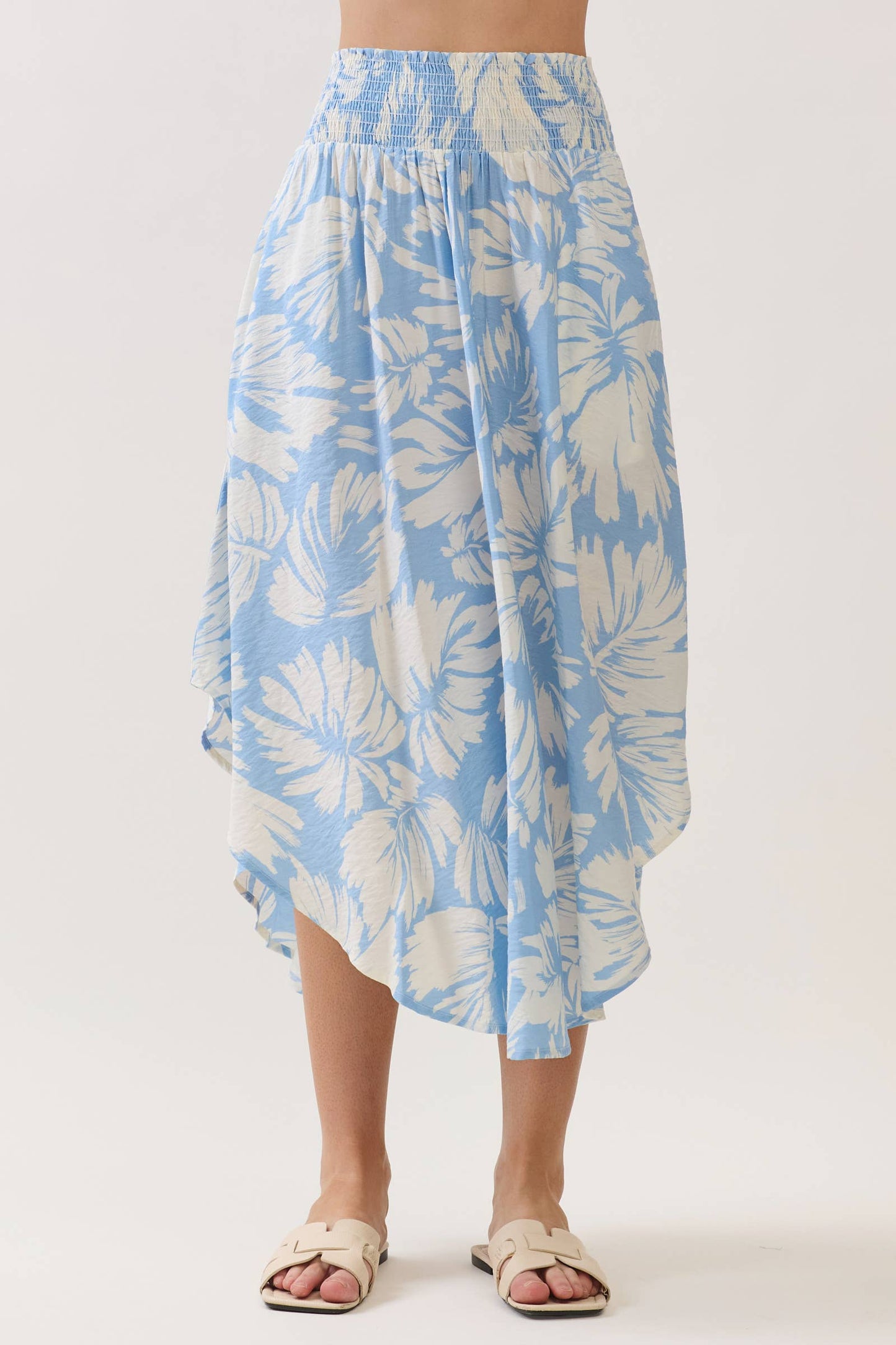 Light Blue Floral Waist Smocked Round Bottom Midi Skirt