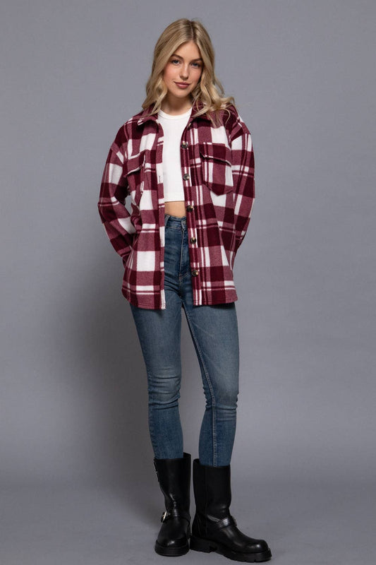 Burgundy Checkered Print Fleece Shacket