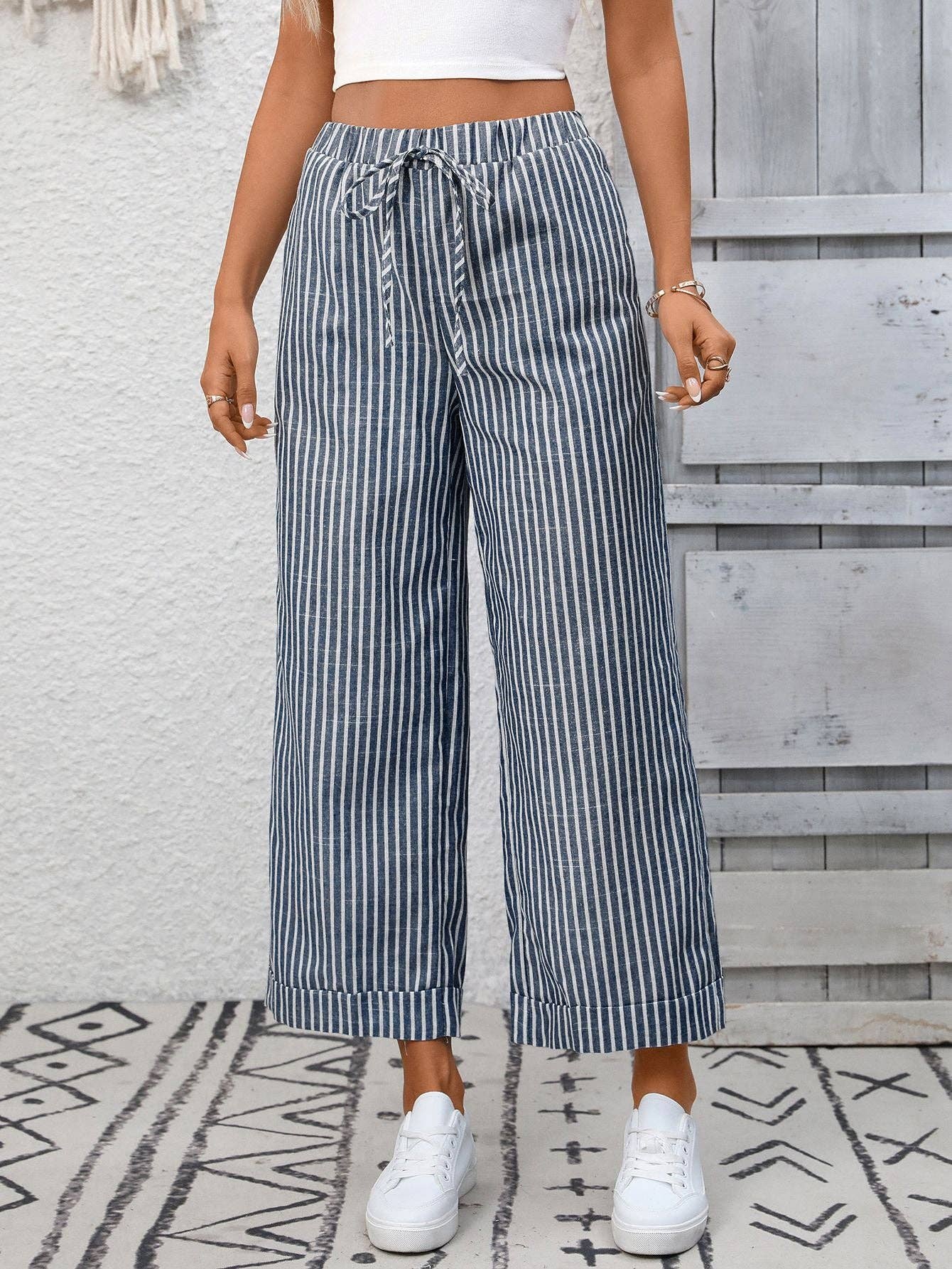 Navy Striped Wide Leg Pants