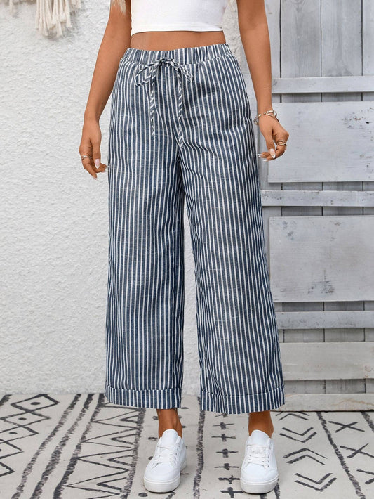 Navy Striped Wide Leg Pants