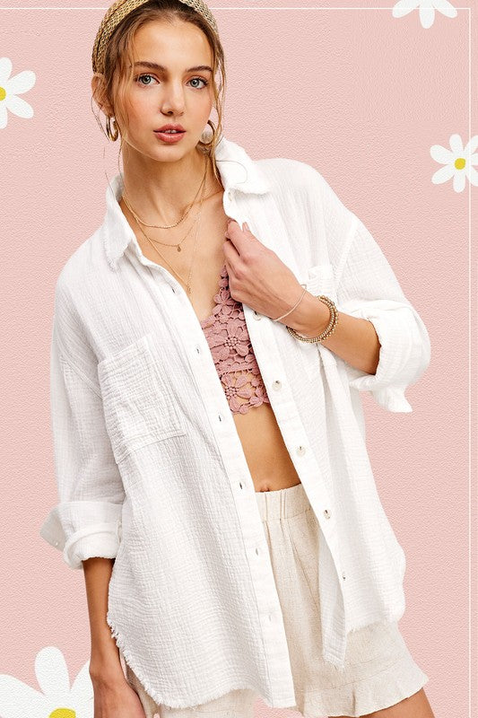 White Soft Washed Crinkled Gauze Button Down Shirt