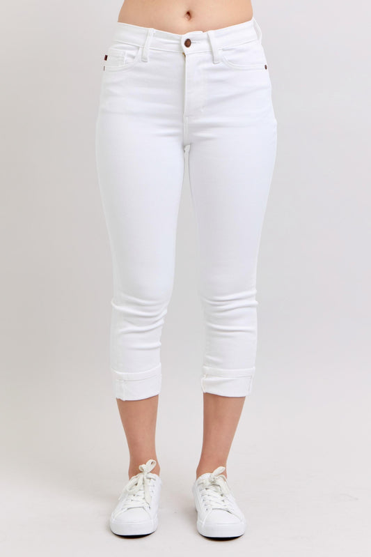 Judy Blue - Mid Rise White Cuffed Capris