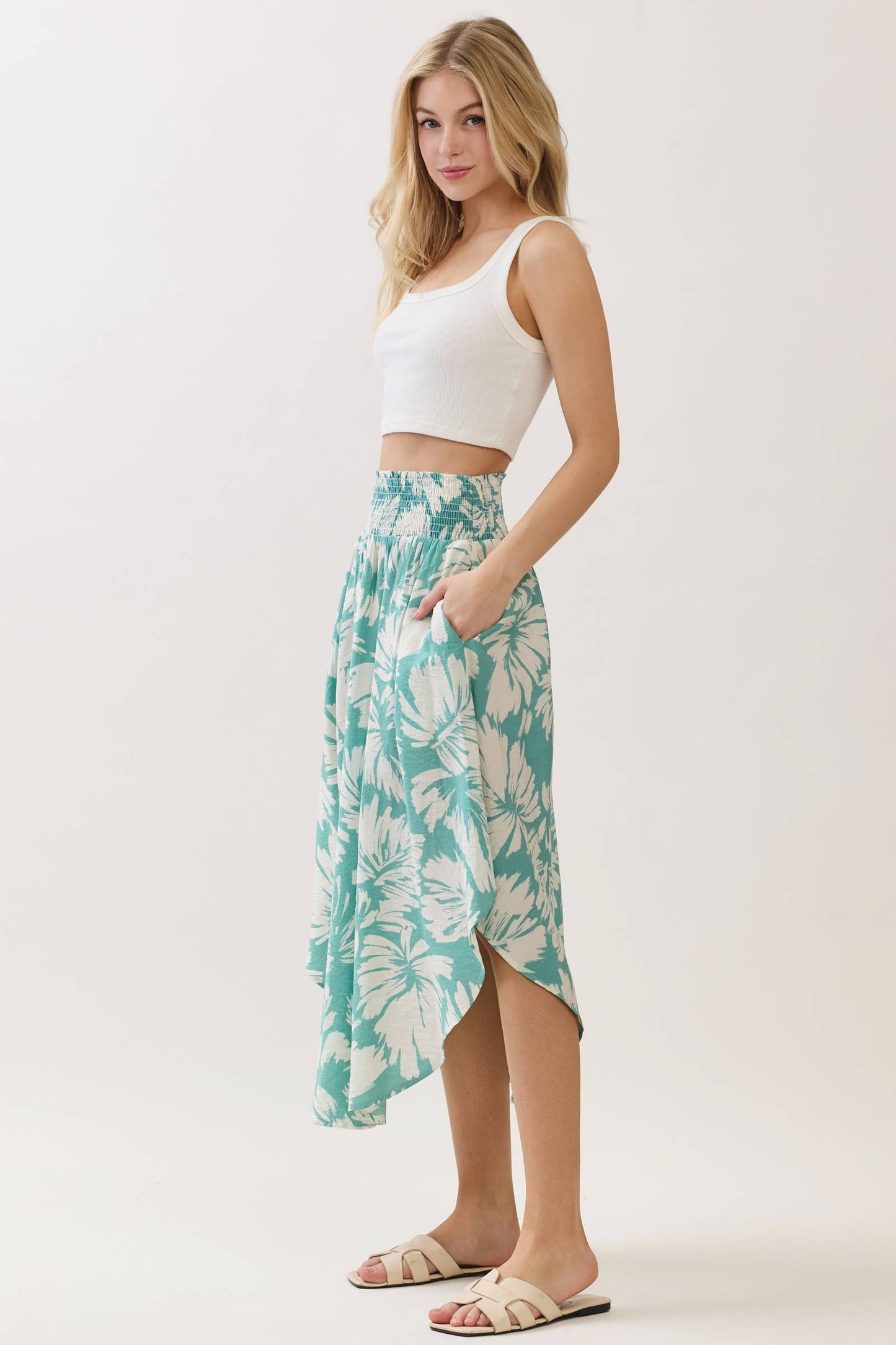 Sage Green Floral Waist Smocked Round Bottom Midi Skirt