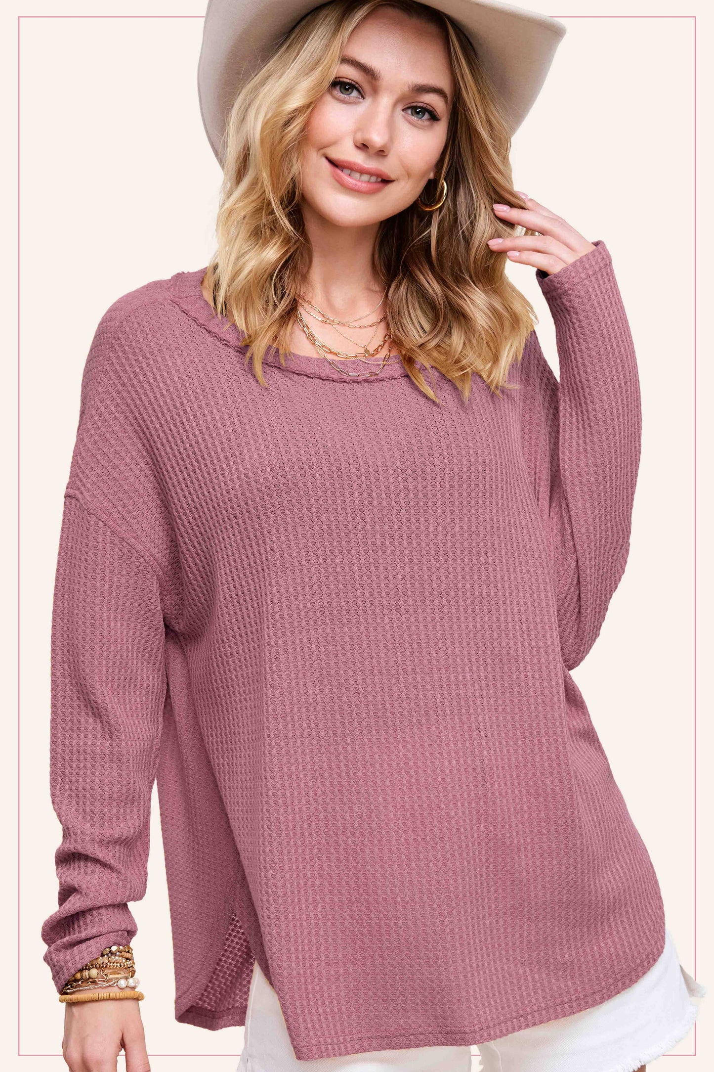 Berry Brushed Waffle Long Sleeve Top