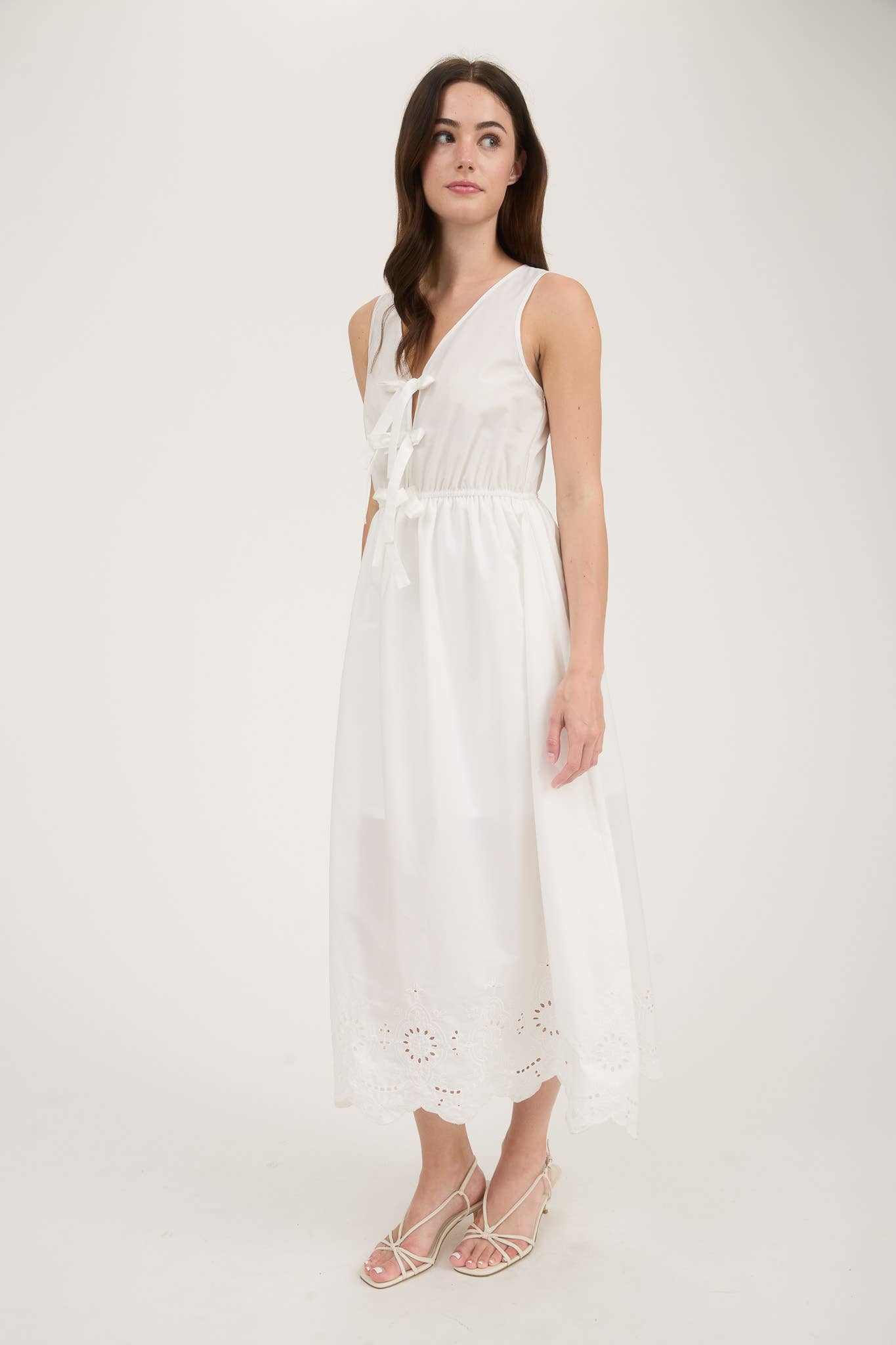 Navy Front Bow Tie Eyelet Hem Dress