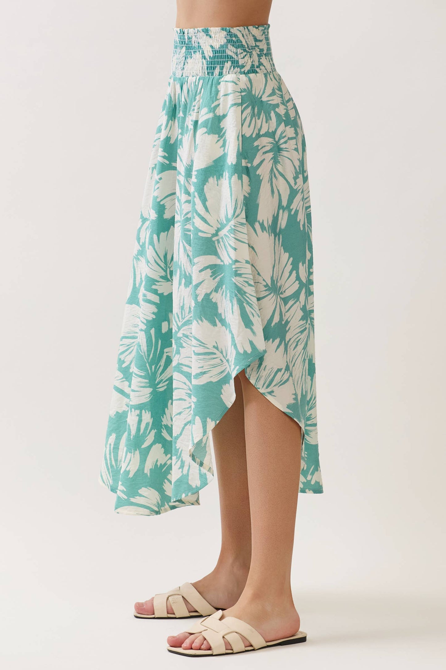 Sage Green Floral Waist Smocked Round Bottom Midi Skirt