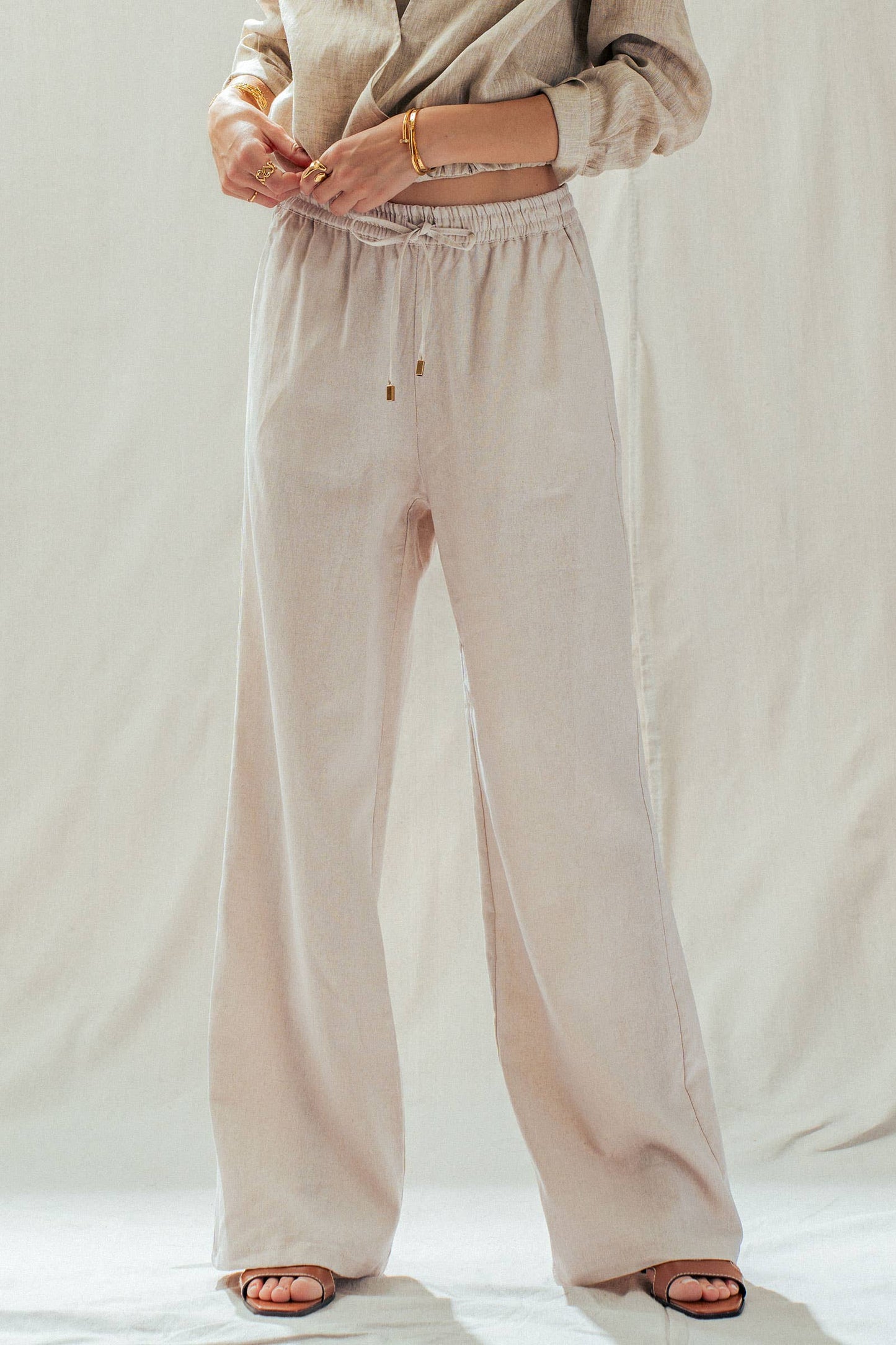 Natural Linen Blend Wide Leg Drawstring Pants