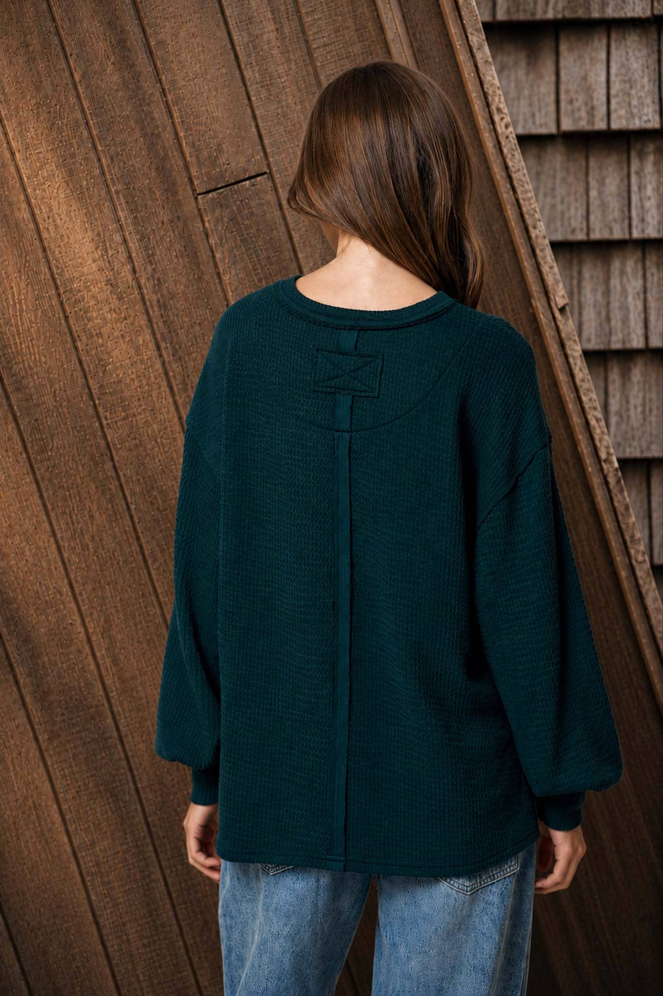 Hunter Green - Textured Exposed Seam Oversized Knit Top