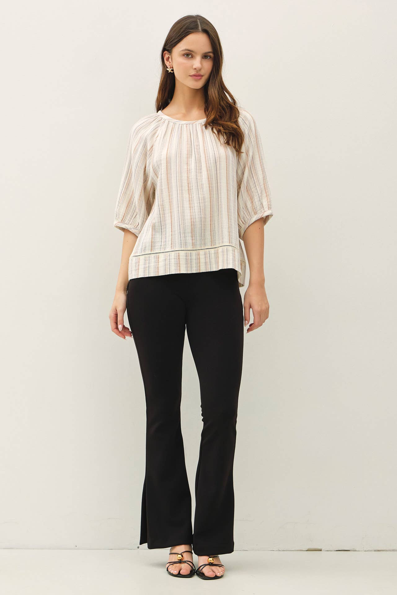 Slate Striped Gauze 3/4 Sleeve Top