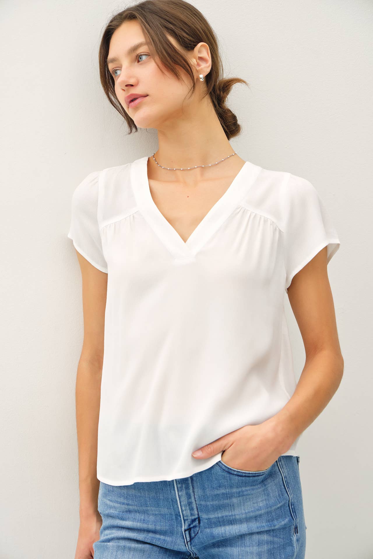 White Flowy Cap Sleeve V-neck Top