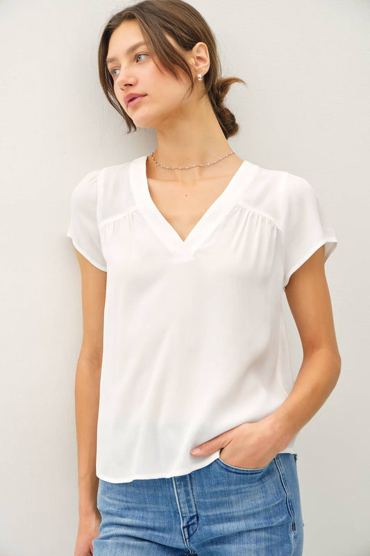 White Flowy Cap Sleeve V-neck Top