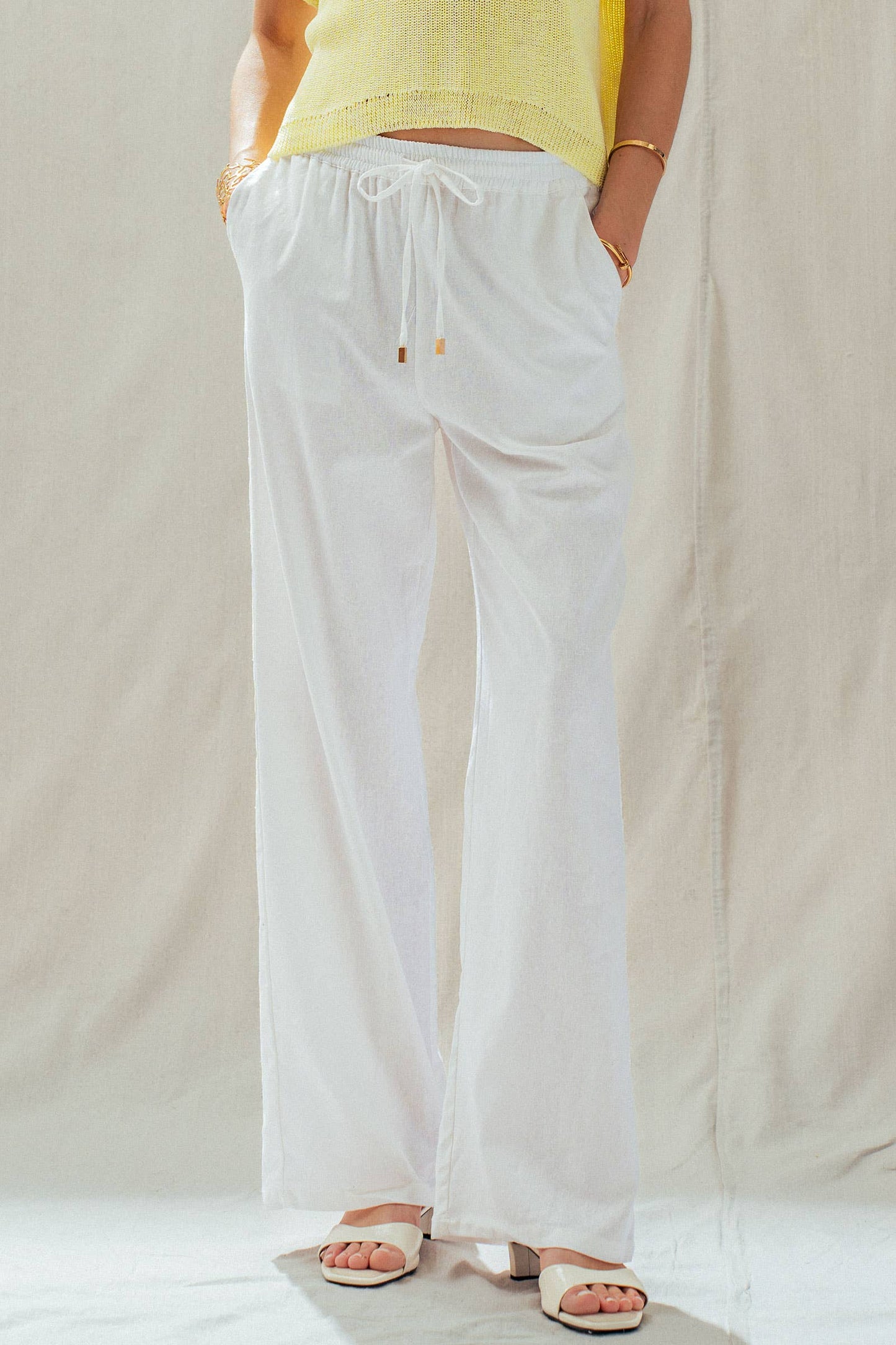 White Linen Blend Wide Leg Drawstring Pants