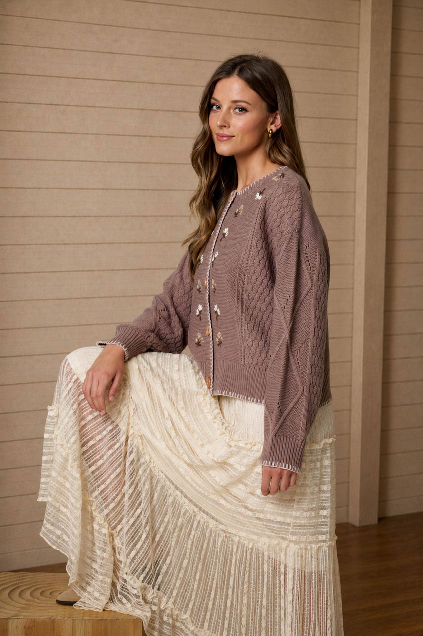 Taupe Floral Embroidery Constrast Stitch Cardigan