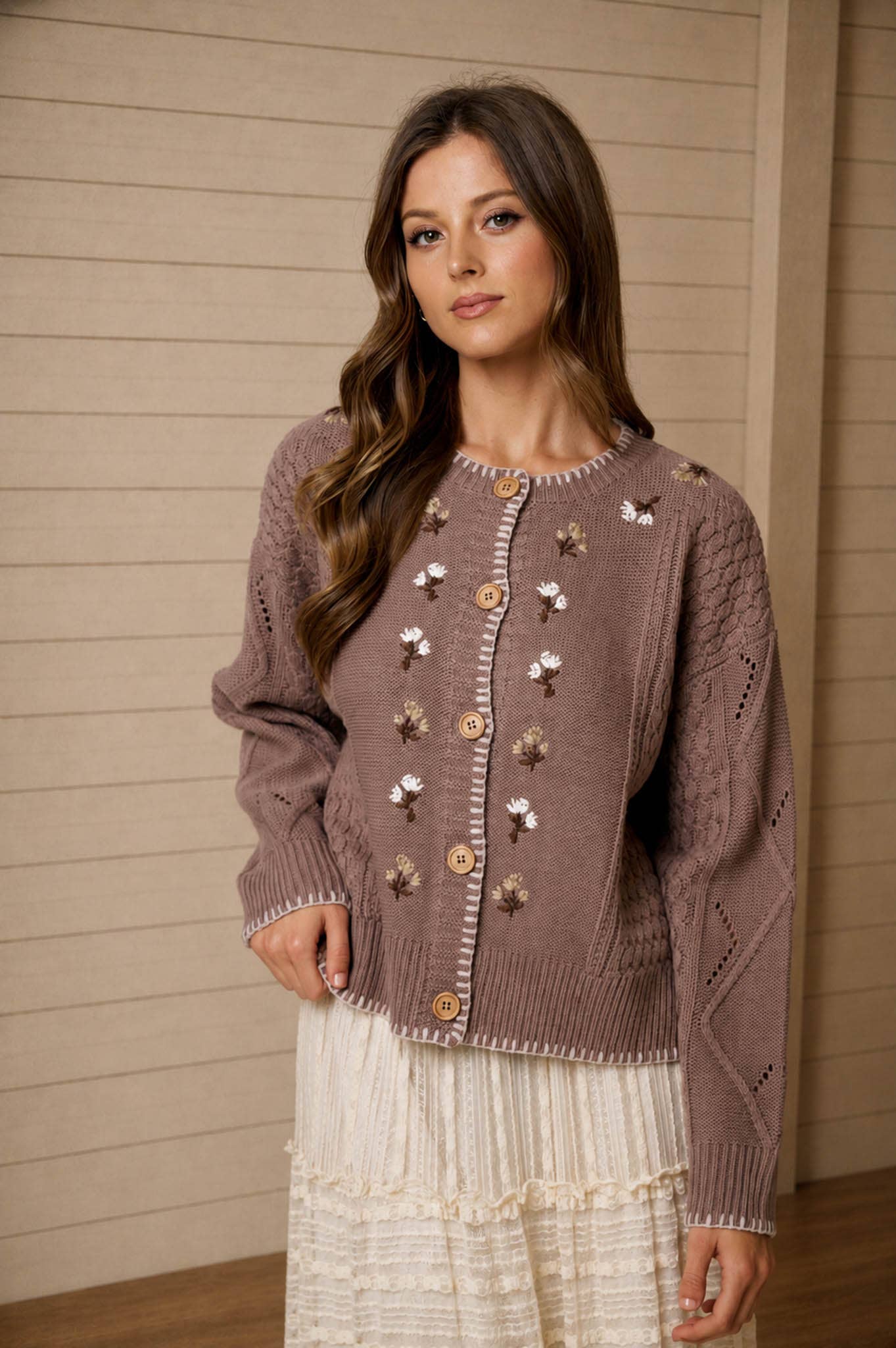 Taupe Floral Embroidery Constrast Stitch Cardigan