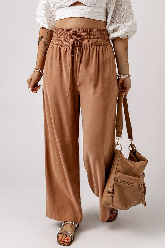Brown Drawstring Casual Wide Leg Pants