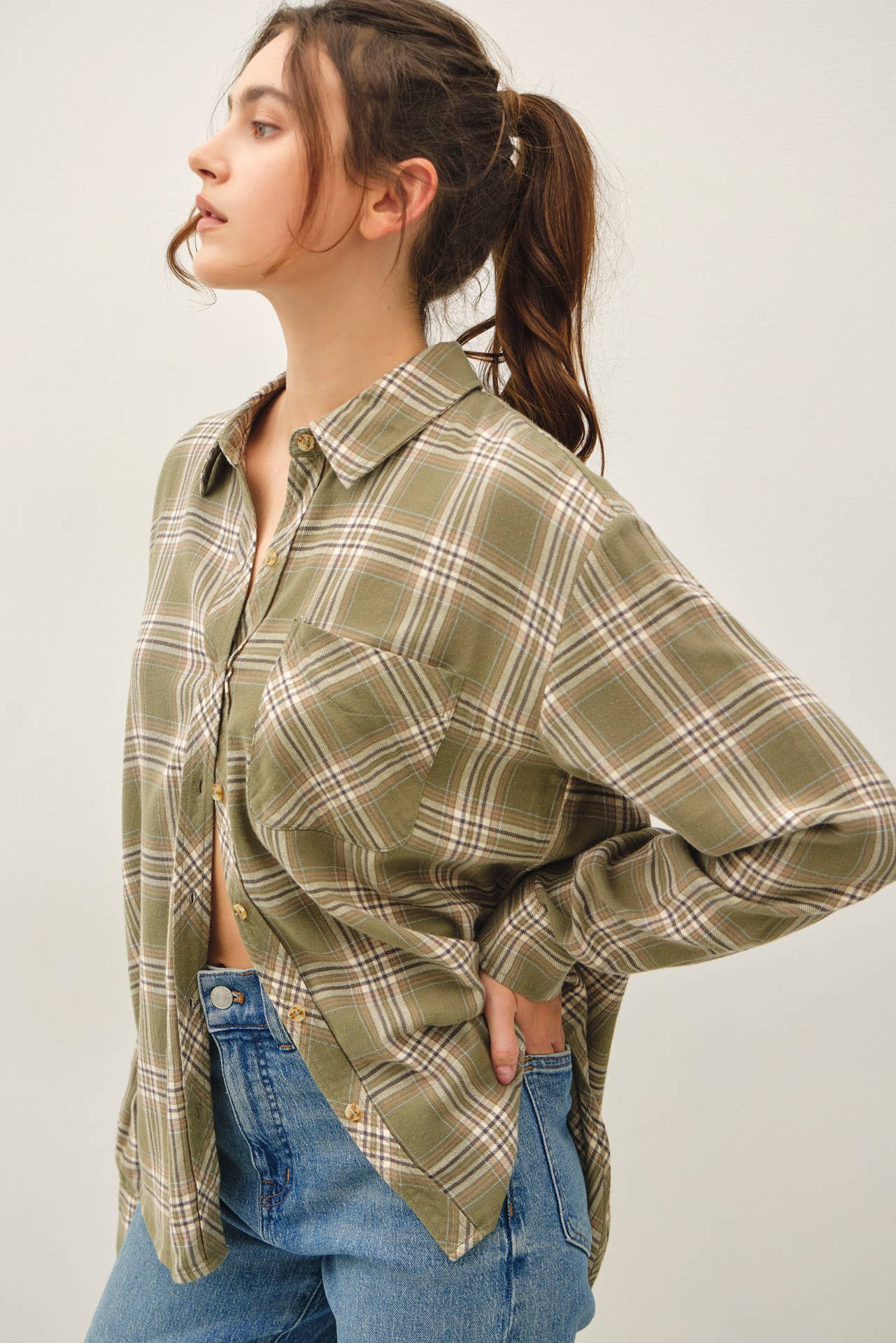 OLIVE PLAID FLANNEL SHIRT