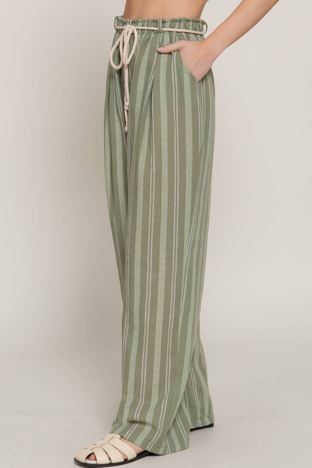 Olive Robe Belt Striped Linen Pants