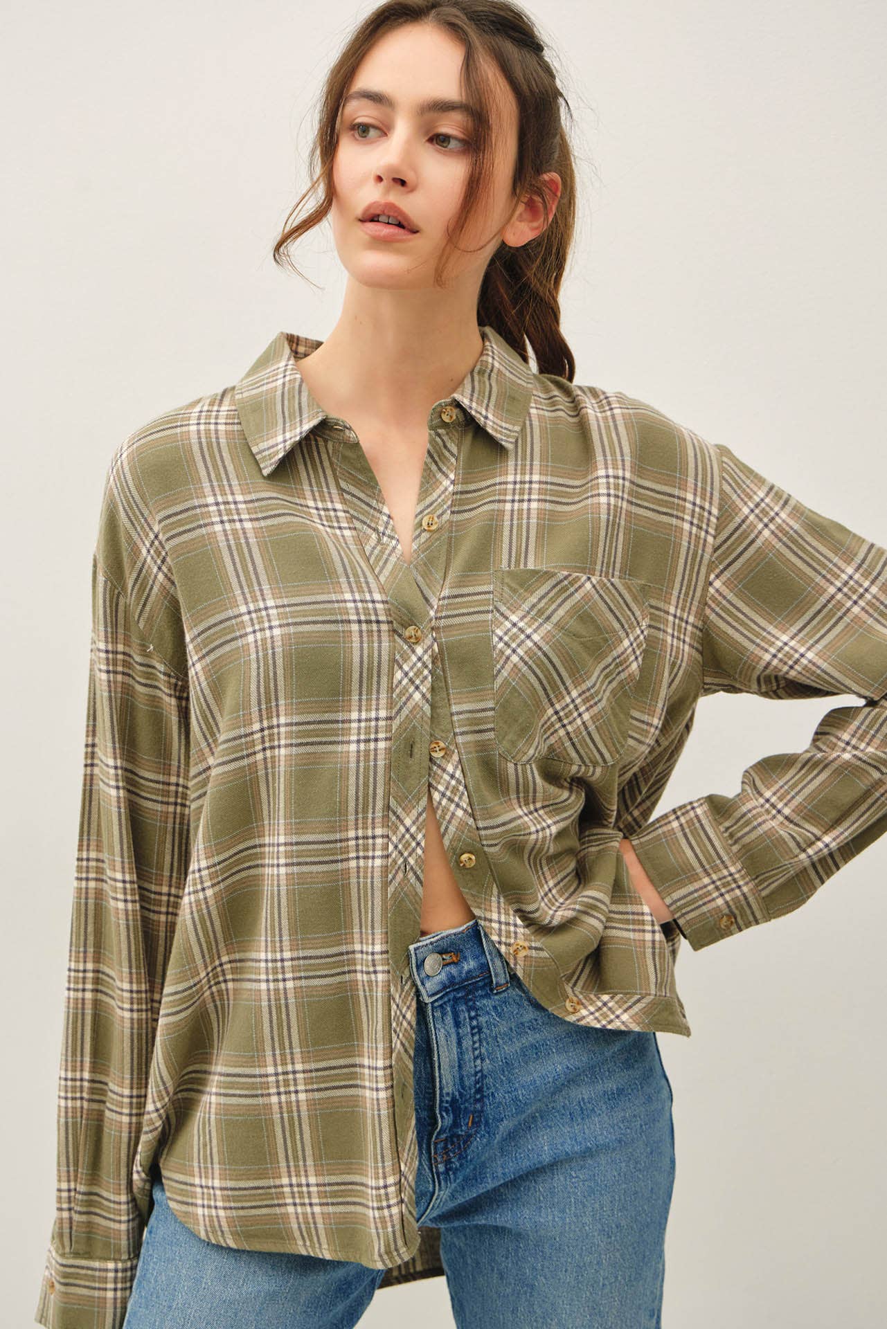 OLIVE PLAID FLANNEL SHIRT