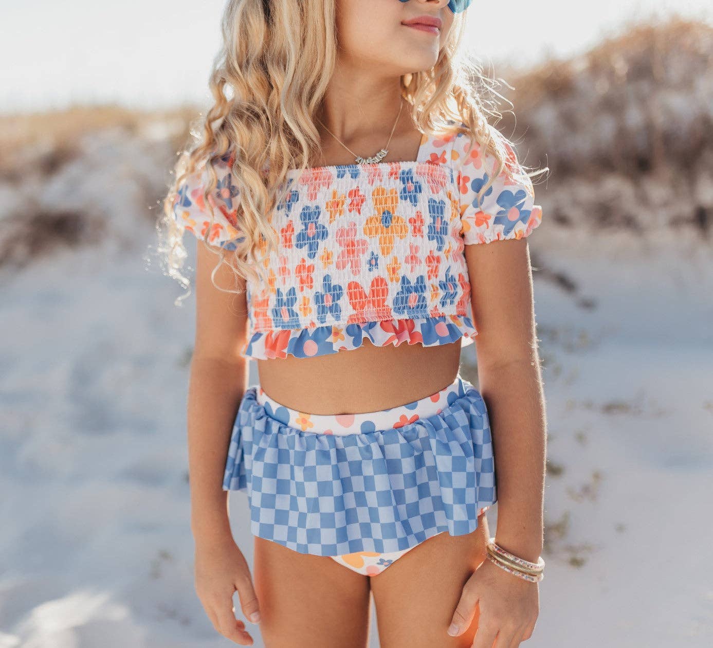 Girls Retro Checkered Flower Power 2 Piece Swimsuit