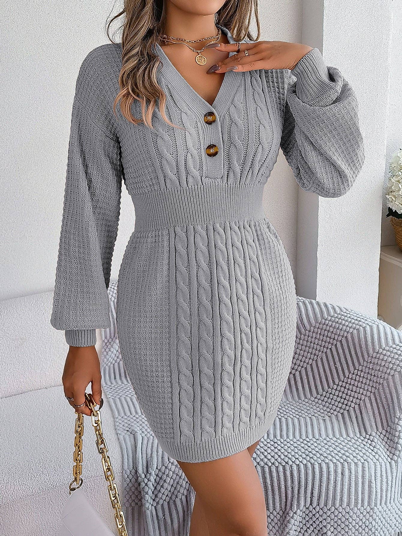 V-Neck Button Down Cable Knit Sweater Dress