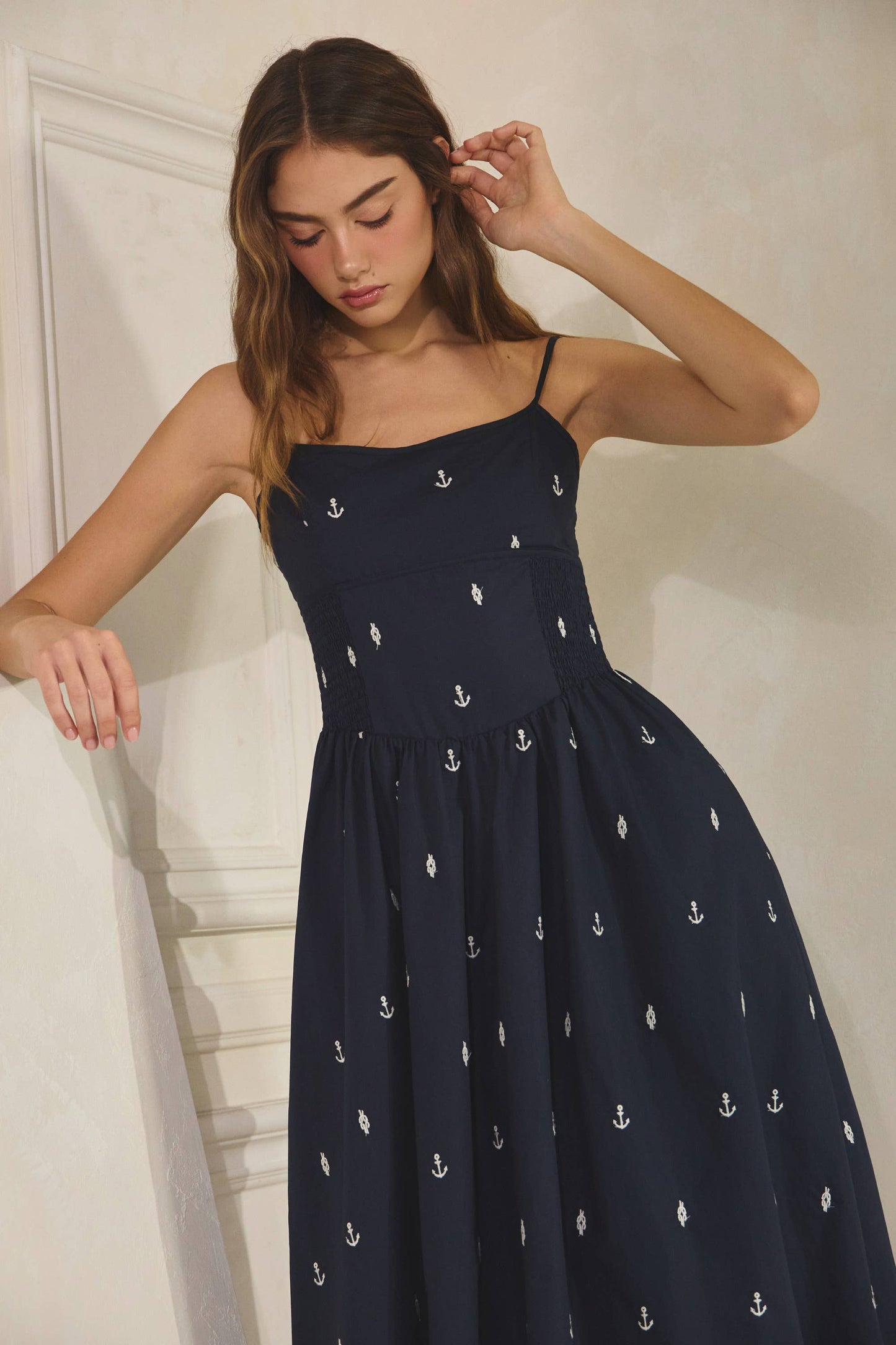 Embroidered Anchor Smocked Maxi Dress