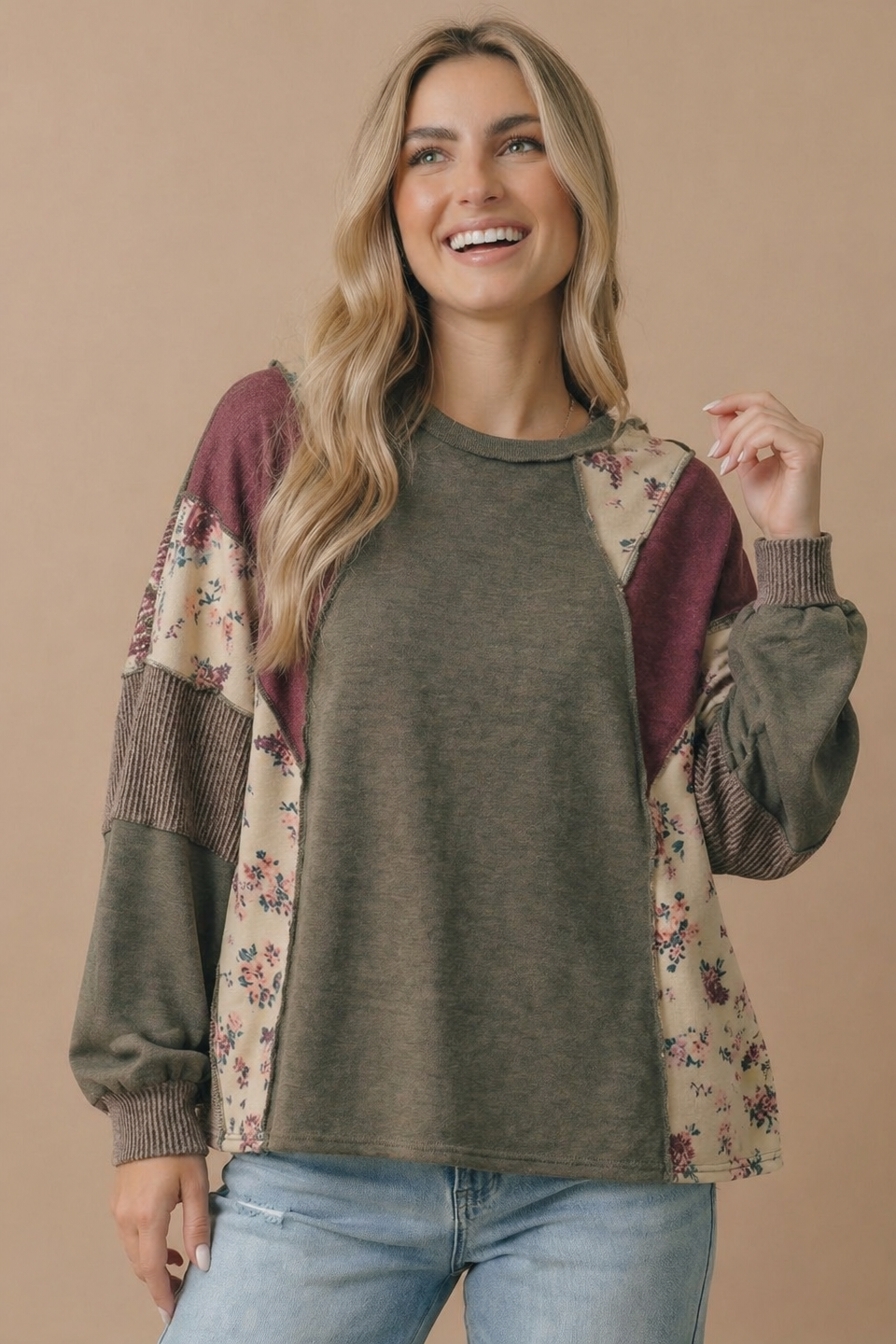 Olive Mixed Media Patchwork Pullover Knit Top