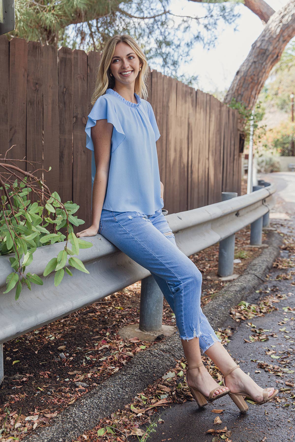 Light Blue Butterfly Sleeve Top