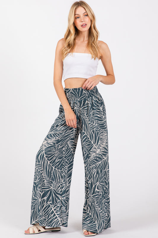 Vintage Denim Print Wide Leg Pants