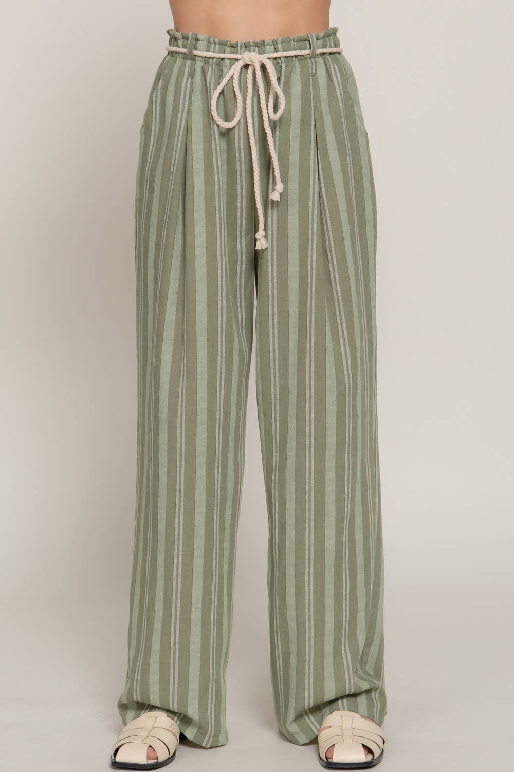 Olive Robe Belt Striped Linen Pants