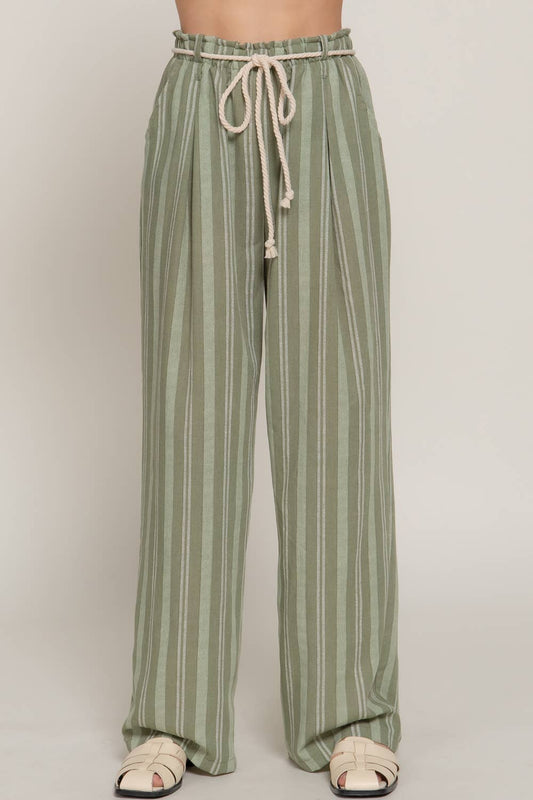 Olive Robe Belt Striped Linen Pants