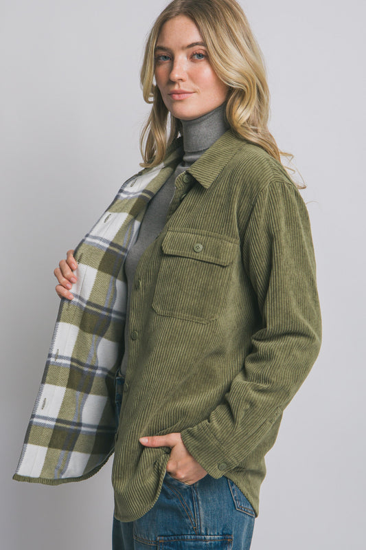 Olive Don't be Two Faced Reversible Corduroy Jacket