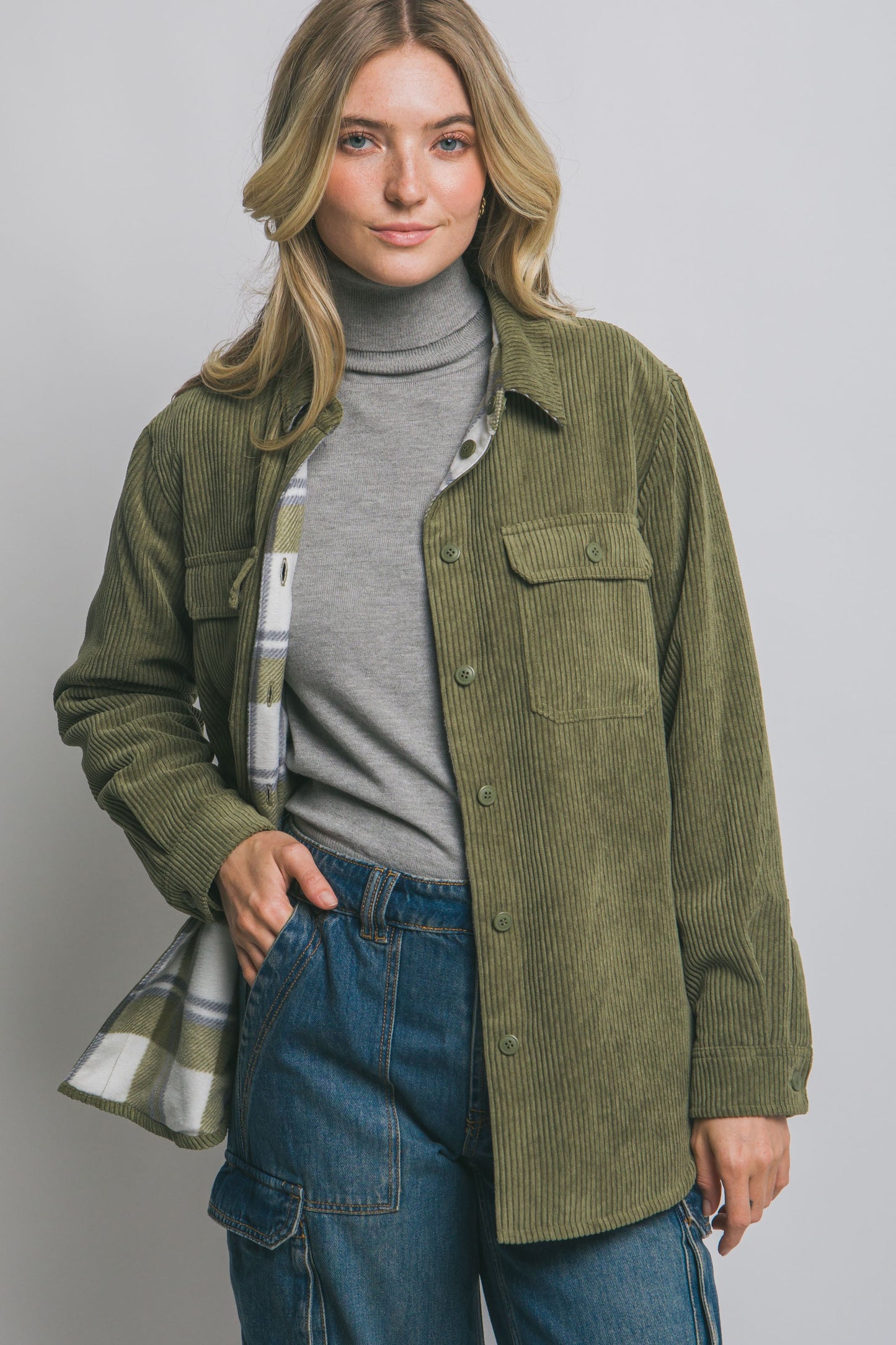 Olive Don't be Two Faced Reversible Corduroy Jacket