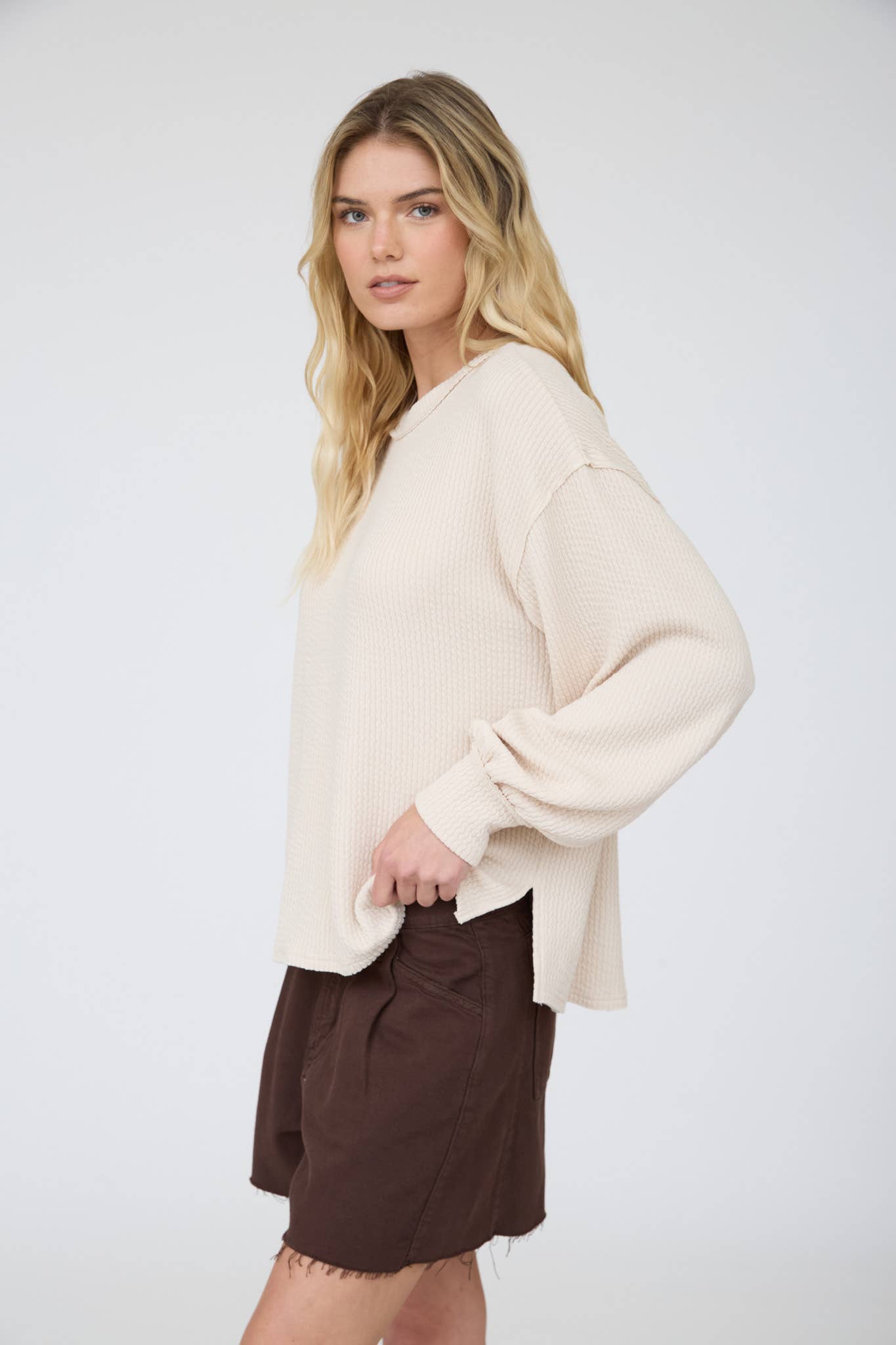 Natural - Textured Exposed Seam Oversized Knit Top