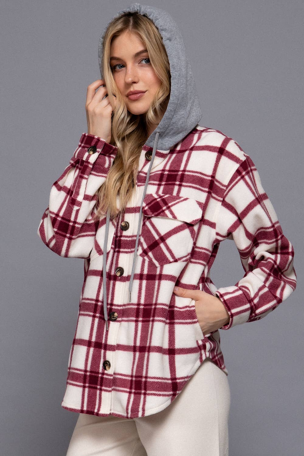 Wine Plaid Button Down with Hoodie Fleece Jacket